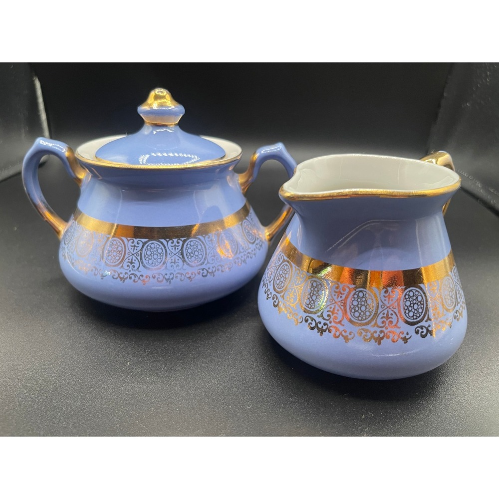 Vintage Hall China Periwinkle Blue Gold Filigree Sugar and Creamer Set 069XS